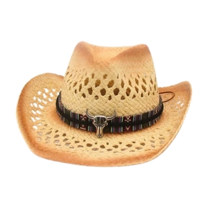 Western Cowboy Straw Hat Vintage Hollow Out Wide Brim Beach Sun Protection With Ethnic Band Metal Bull Head For Summer