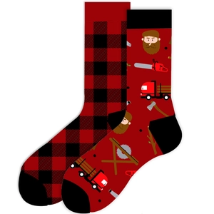 Detailed view of novelty socks featuring red plaid patterns and lumberjack theme illustrations