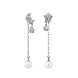 Elegant asymmetric moon and star drop earrings with blue cubic zirconia and pearls
