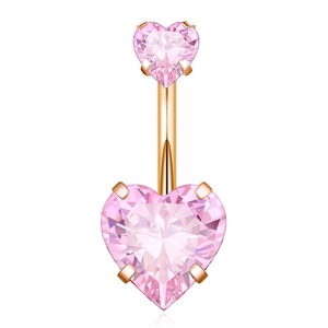 Detail showing two pink heart-shaped gems on a rose gold belly button piercing ring