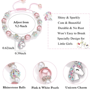 Pink and white faux pearl bracelet with colorful rhinestone beads and unicorn charm