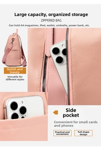 Detail view of pink PU leather backpack showing side pocket and spacious interior capacity