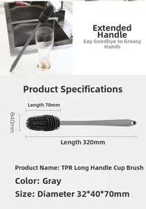 Detailed size specifications for the grey TPR long handle silicone bottle cleaning brush