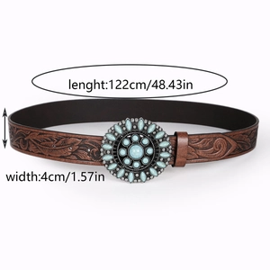 Retro brown leather belt with floral embossing and turquoise gemstone buckle detail