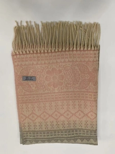 Detail of pink jacquard scarf showing floral geometric patterns and fringe edges