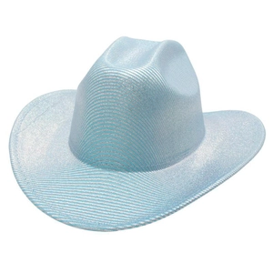 Classic light blue glitter fedora cowboy hat with upturned brim on white background