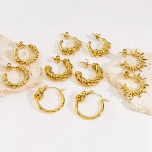 Stainless Steel Hoop Earrings Variety C-Shaped Textured Twisted Croissant Geometric Gold Plated Jewelry For Women