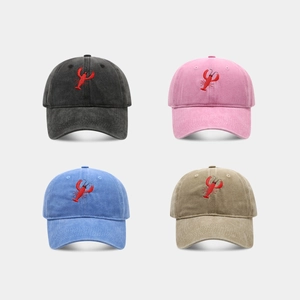 Vintage washed cotton baseball caps with red lobster embroidery in four colors