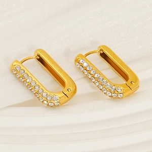 Minimalist 18K gold plated stainless steel rectangular hoop earrings with pave crystals