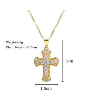 Macro view of gold cross necklace dimensions and zirconia stones, weight 4.1g, length 45cm