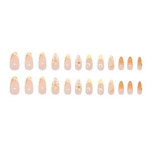 24pcs sunset orange gradient press-on nails with 3D resin flowers and pearls