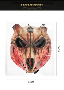Detailed size view of scary skull mask with realistic blood splatters in packaging