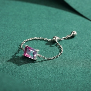 Verstellbarer S925 Silber Kettenring mit rechteckigem rosa-violettem Edelstein