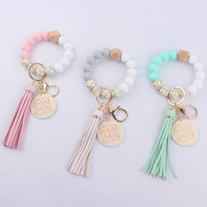 Silicone Beaded Keychain Wristlet Wooden MAMA Pendant PU Tassel Leopard Print Bracelet Key Ring Women Mother Gift