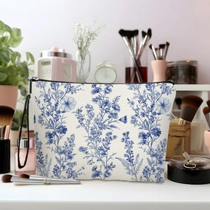 Blue Floral Print Makeup Bag Imitation Linen Cosmetic Pouch With Zipper And Wristlet Strap Portable Toiletry Organizer For Women