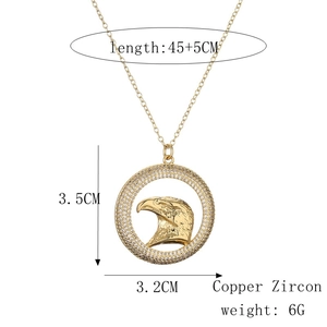 Detailed size chart of gold eagle pendant necklace in copper zircon with weight specs