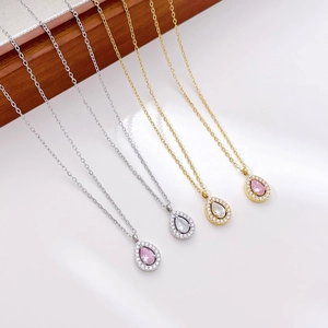 Waterdrop Pendant Necklace Titanium Steel Pear Shaped Cubic Zirconia Halo Elegant Minimalist Jewelry For Women