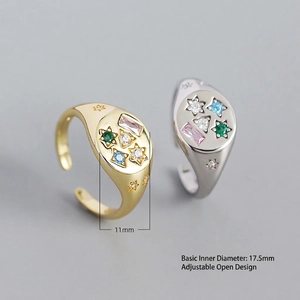 S925 silver star ring with colorful zircon in gold and silver finish, 11mm width
