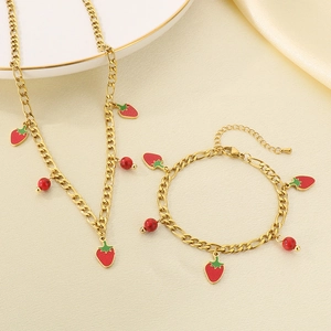 18K gold plated stainless steel jewelry set with red enamel strawberry and natural stone