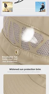 Detail van kaki outdoor zonnehoed met 9cm brede rand en ademende mesh-openingen