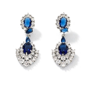 Elegant drop earrings featuring deep blue teardrop gems and micro-pave white zircon accents