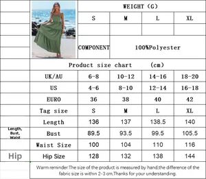 Maattabel voor de groene backless maxi strandjurk van 100% polyester materiaal
