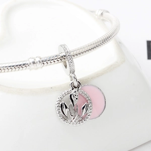 Silver tulip pendant charm with pink enamel and crystals for charm bracelets
