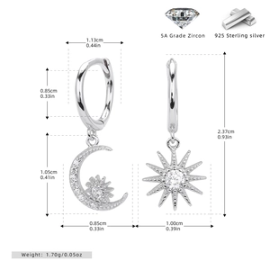 Detailed size specifications for S925 sterling silver star and moon earrings with cubic zirconia