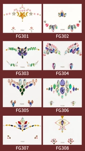 Grid display showing eight styles of rhinestone face and body stickers with gold stars