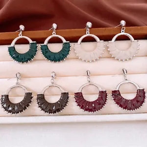 Retro Round Hoop Pendant Earrings Leather Alloy With 925 Sterling Silver Earring Post Fashion Jewelry For Women