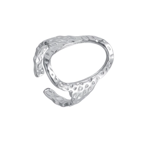 Irregular hammered silver stainless steel open ring with minimalist aesthetic design