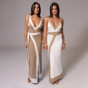 Femmes Sexy Col En V Patchwork Camisole Et Maxi Jupe Fendue Lacets Épaule Bloc De Couleur Polyester Streetwear