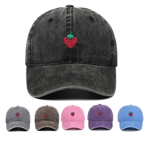 Strawberry Embroidery Washed Cotton Baseball Cap Adjustable Outdoor Leisure Vintage Sun Protection Hat
