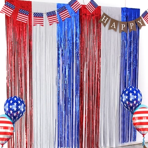 Patriotic July 4th party decor set with red blue foil curtains and burlap banners