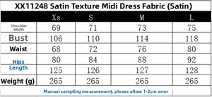 Detailed size chart for the sleeveless satin midi dress showing measurements in centimeters