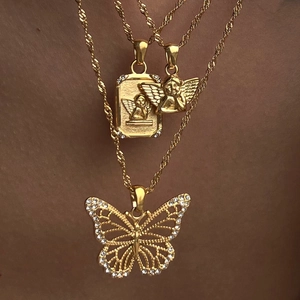 Angel Cupid Butterfly Pendant Necklace 18K Gold Plated Stainless Steel Rhinestone Dainty Vintage Jewelry For Women