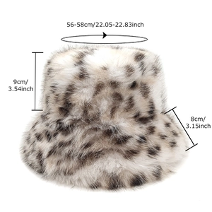 Plush leopard print faux fur bucket hat for women with detailed size measurements