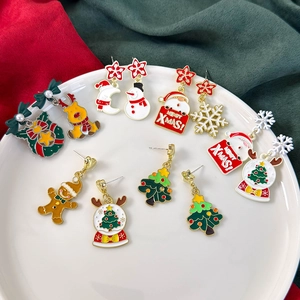 Festive Christmas earring set with Santa, elk, and snowman designs in colorful alloy