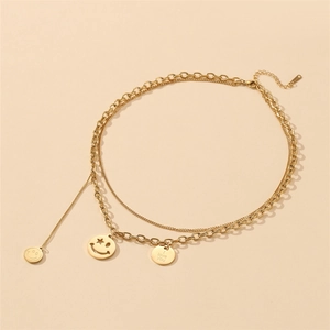 Collana a doppio strato in acciaio placcato oro con smile e ciondolo I Love You