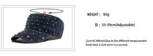 Detail of navy washed denim cadet cap with silver rivets and star studs plus size guide