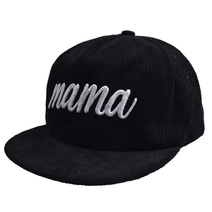 Black corduroy baseball cap for women with white embroidered mama lettering on front