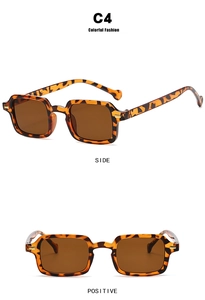 Detail view of square tortoise shell sunglasses with brown lenses and golden metal accents