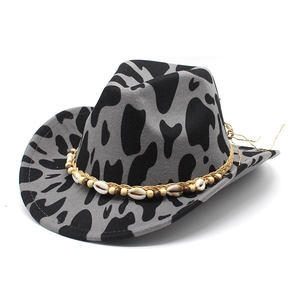 Gray cow print felt jazz hat with braided cord, shells and wooden beads trim