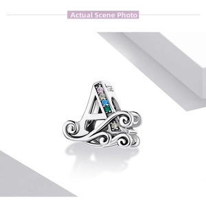 Detailed view of S925 sterling silver letter A charm with colorful cubic zirconia stones