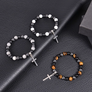 Three natural tiger eye and black magnetic stone beaded bracelets with cross pendants