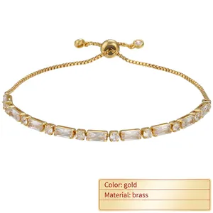 Adjustable gold brass bracelet with square and round cubic zirconia stones in 4-prong setting