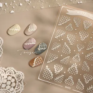 Detail of 3D embossed nail stickers featuring white lace patterns and grid textures KX472