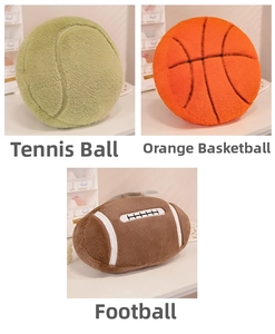 Detailed views of plush tennis, basketball, and rugby balls with soft textured fabric
