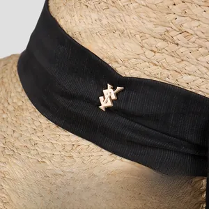 Détail du tissage en paille de raphia avec ruban noir et logo métallique doré chic