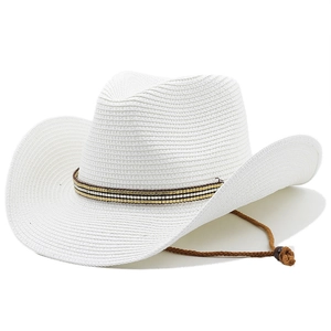Detail of white straw cowboy hat featuring decorative beaded band and adjustable chin cord